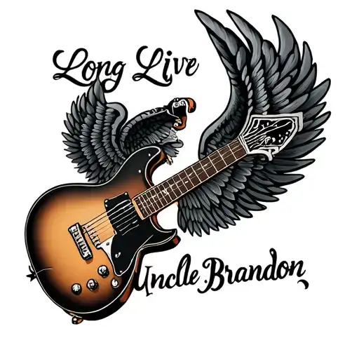 guitar with wings saying "long live uncle brandon" tattoo design idea