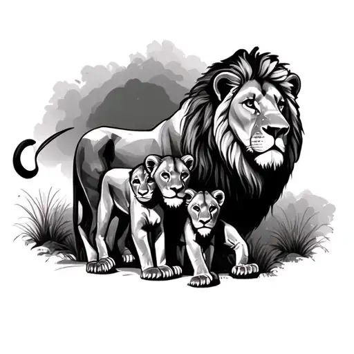 male and female lion with 2 cubs surrounded tattoo design idea
