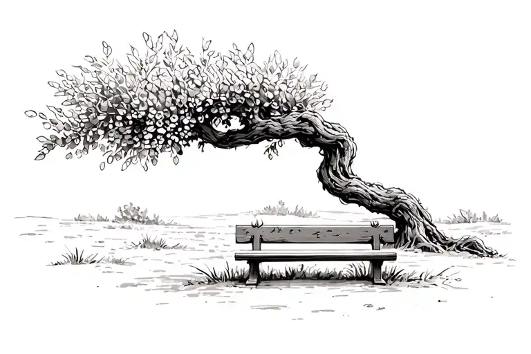 twisted olive tree with a wide, leafy crown, with a rustic bench tattoo design idea