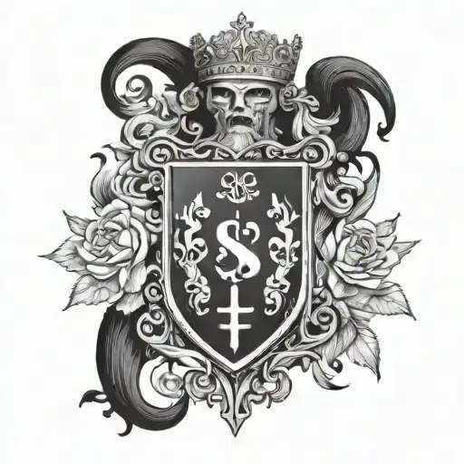 A symbolic representation of the client's family crest intertwined with the image of San Judas, symbolizing protection and unity tattoo design idea