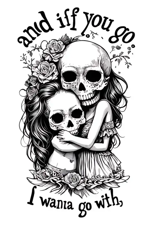 "and if you go, i wanna go with" Skull & Girl hugging each other tattoo design idea