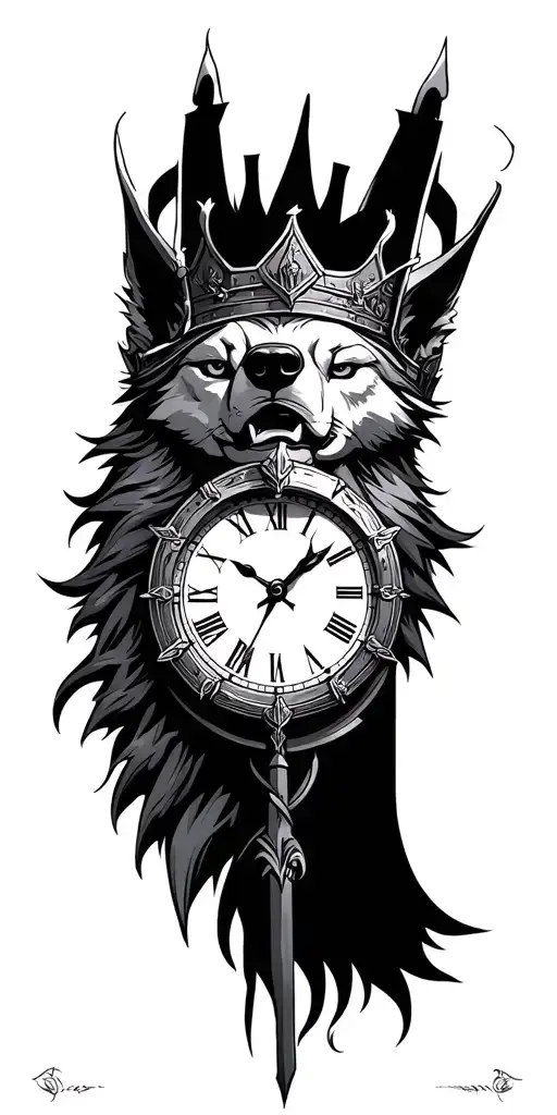 kosovo warrior crowned. time clock. wolf head. tattoo design idea