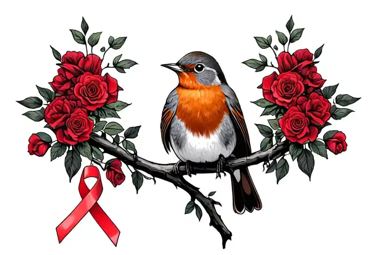 Robin sitting on branch surrounded by a lot of red roses with a cancer ribbon hanging off the end of it tattoo design idea