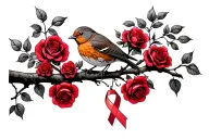 Robin sitting on branch surrounded by a lot of red roses with a cancer ribbon hanging off the end of it tattoo design idea