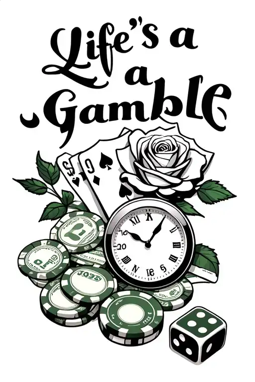"Life's a Gamble" rose under casino chips $500 and $100, cards, $100 dollar bills, dice, cracked clock tattoo design idea
