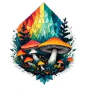 geometric forest and amanita mushrooms geometric mandala rainbow background black lines tattoo design idea