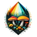geometric forest and amanita mushrooms geometric mandala rainbow background black lines tattoo design idea