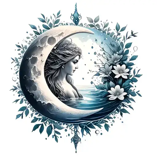 generate an image of a back tattoo with a moon made out of water with flowers throughout the water moon, and a goddess a tattoo design idea