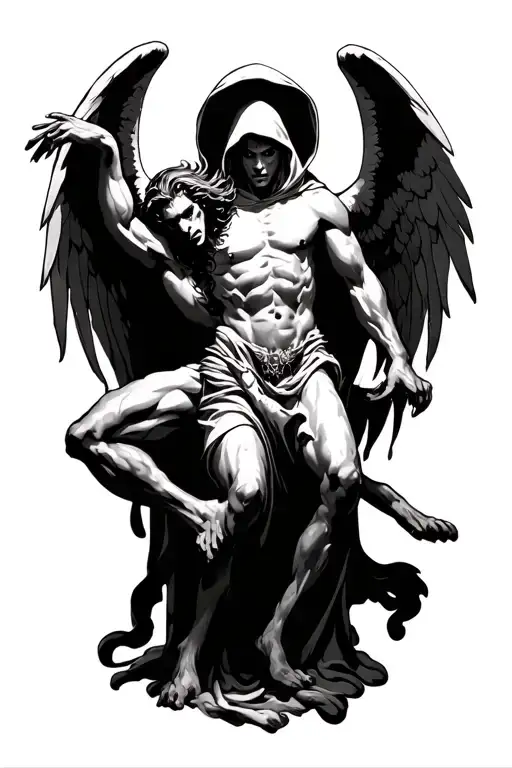 hooded arch angel defeating the demon tattoo design idea