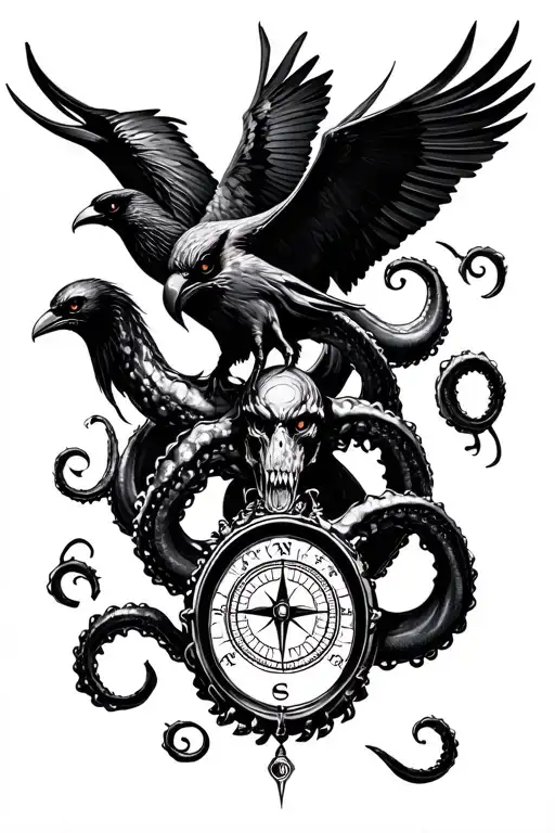 kraken holding compass and raven attacking kraken  tattoo design idea