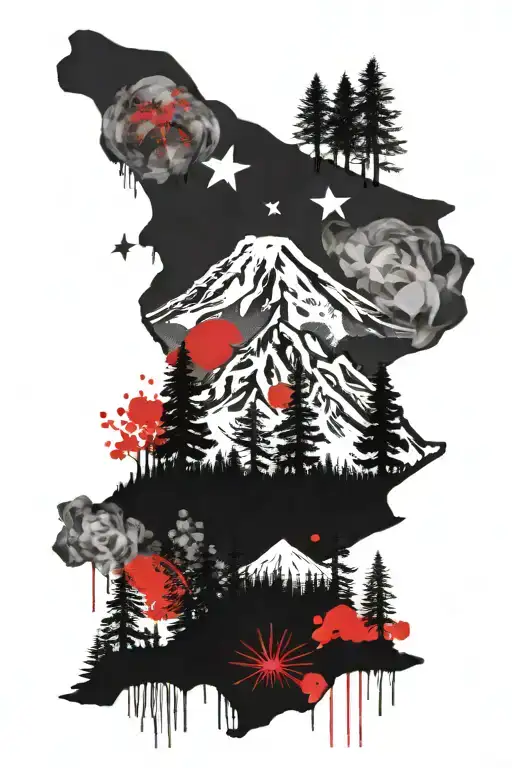 mt rainier on top with pine tree forrest on bottom with cherry blossom trees and cacti tattoo design idea
