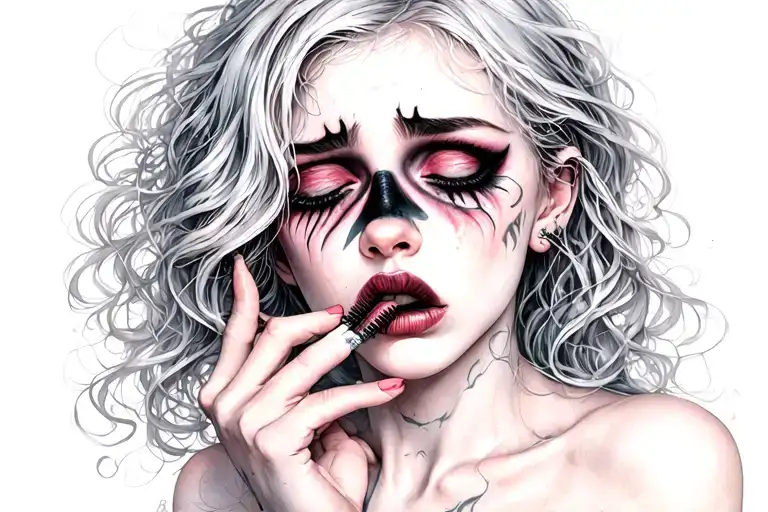 sexy, pale girl crying with mascara on.  wearing little to no clothing, smoking a cigarette. showing her full body tattoo design idea
