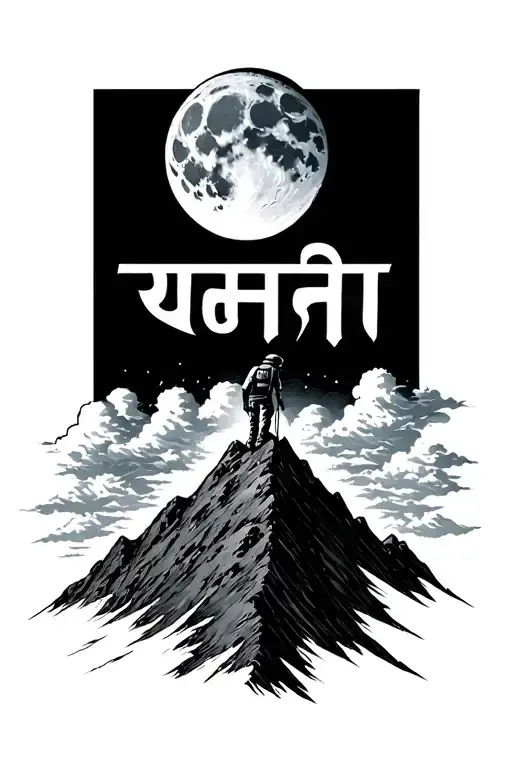 "करुणा" mountain and moon above clouds. small climber reaching the summit tattoo design idea