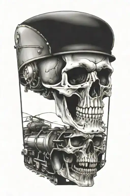 railroad train with an evil skull. surrounded by engine parts. harley style tattoo design idea