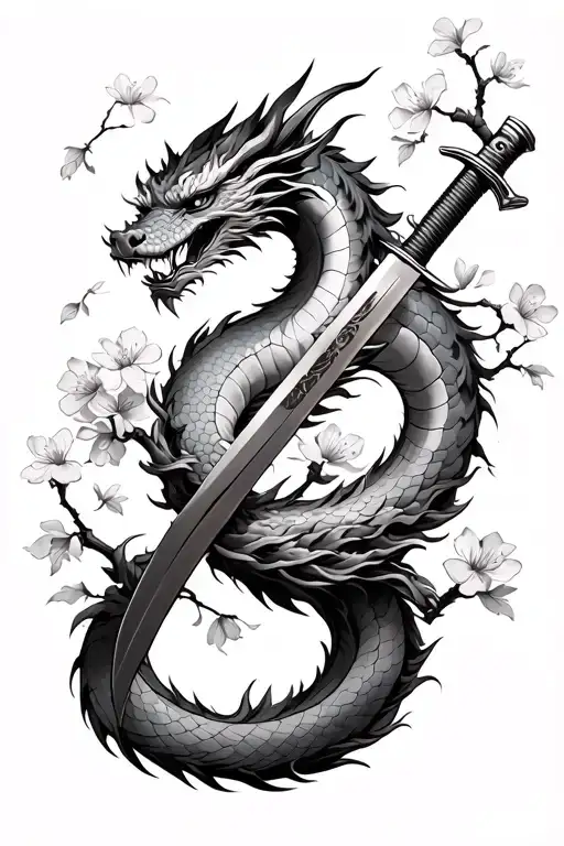 a asian dragon wrapped around forearm with a katana in the center and cherry blossom flowers scattered around  tattoo design idea