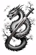 a asian dragon wrapped around forearm with a katana in the center and cherry blossom flowers scattered around  tattoo design idea