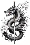 a asian dragon wrapped around forearm with a katana in the center and cherry blossom flowers scattered around  tattoo design idea