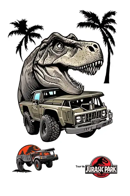Create a highly detailed Jurassic Park tattoo design featuring the iconic Tour Vehicles 04 and 05 at the T. rex paddock  tattoo design idea