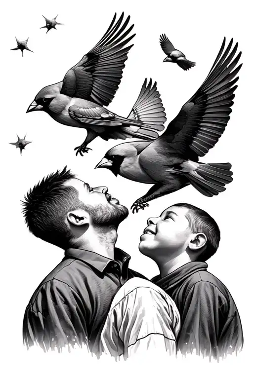 dad with two sons looking up at two cardinals flying tattoo design idea