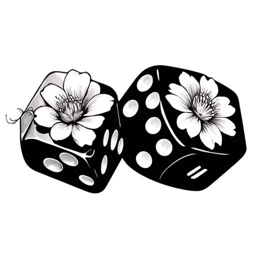 two dices with flowers. i want the tatoo style to be black and white but also thin and elegant tattoo design idea