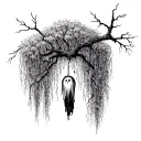willow tree with a ghost hanging from branch  tattoo design idea