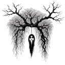 willow tree with a ghost hanging from branch  tattoo design idea