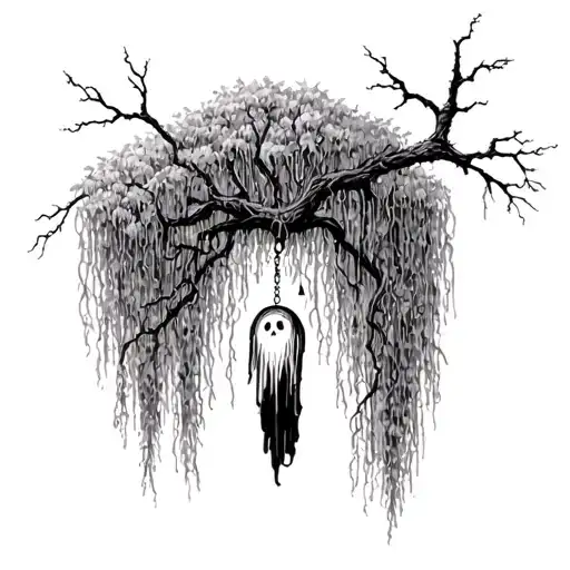 willow tree with a ghost hanging from branch  tattoo design idea