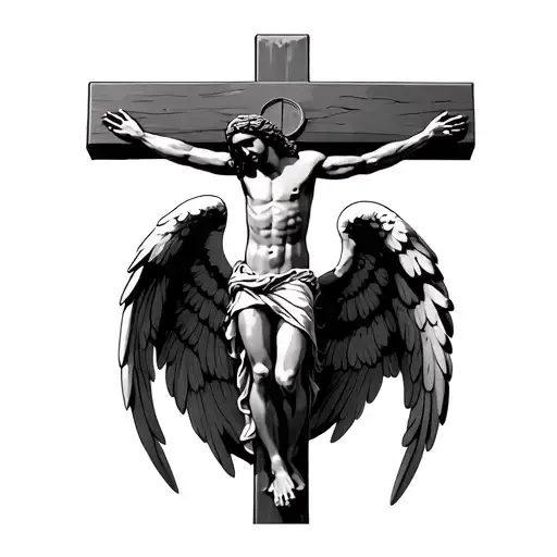 Main idea: Jesus Christ on the cross with Arch Angel Michael standing in the shadows Meaning: Love and PainStyle: Real tattoo design idea
