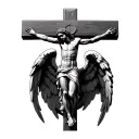 Main idea: Jesus Christ on the cross with Arch Angel Michael standing in the shadows Meaning: Love and PainStyle: Real tattoo design idea