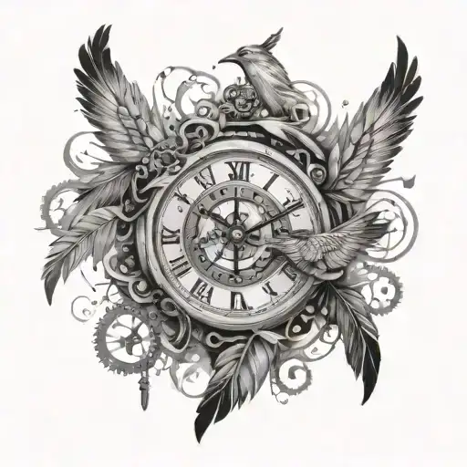 clockwork with feathers and flying birds tattoo design idea