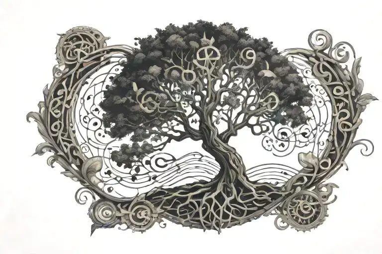 An intricate tattoo featuring a tree of life intertwined with musical notes and technology symbols to symbolize harmony between nature and innovation tattoo design idea