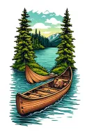 tricep tattoo of a canoe that incorporates the northern ontario landscape and tributes to two daughters tattoo design idea