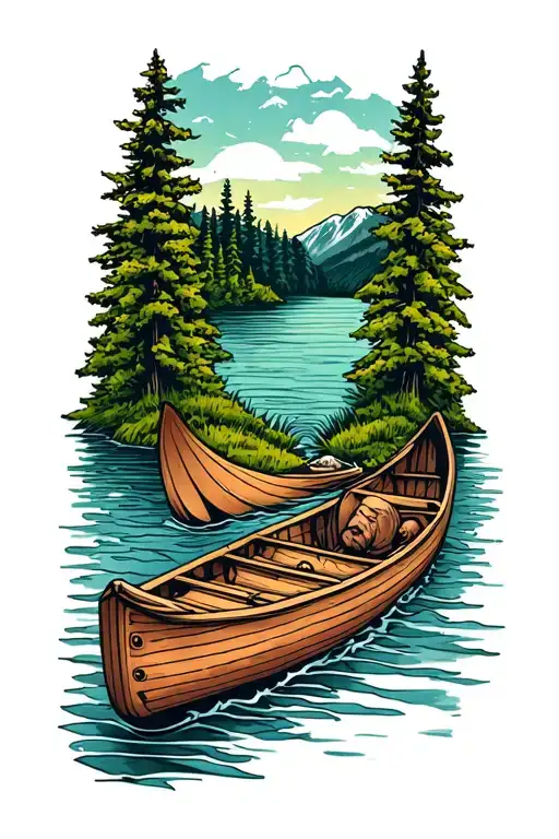 tricep tattoo of a canoe that incorporates the northern ontario landscape and tributes to two daughters tattoo design idea