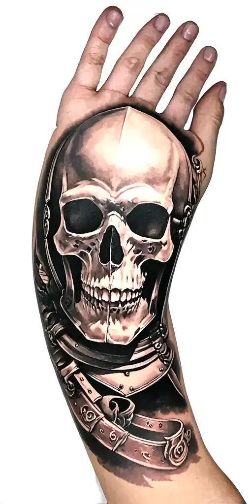 knight and skulls theme sleeve tattoo design idea