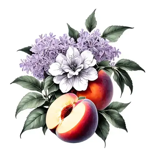 Lilac flower and peach fruit tattoo design idea