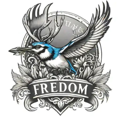 a tattoo with deer antlers and blue jay feathers with the word freedom tattoo design idea