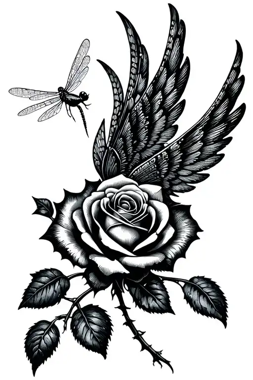 fire rose tattoo wings on dragonfly perched tattoo design idea