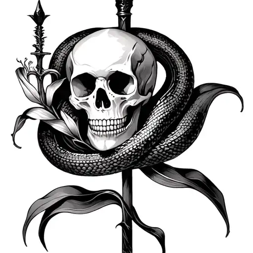 black and white tattoo of a spider lily with a dagger stem and a snake wrapped around with a human skull as its head tattoo design idea