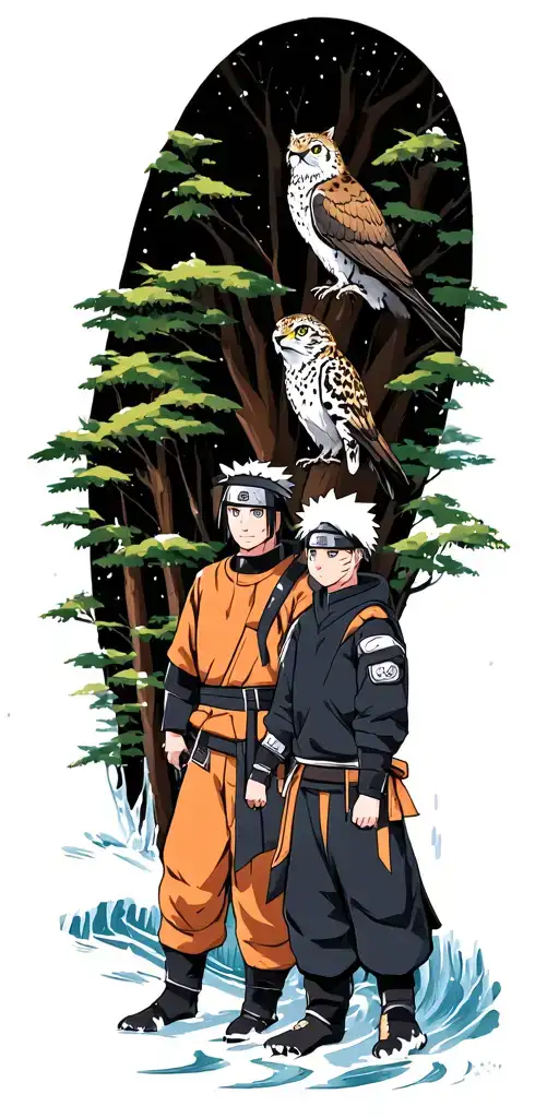Icy forest with Naruto characters (Itachi and Kakashi). Trees with stream, snow leopard, perigine falcon and snow owl tattoo design idea