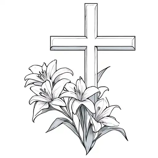 thin cross with dainty white lilies growing along it tattoo design idea