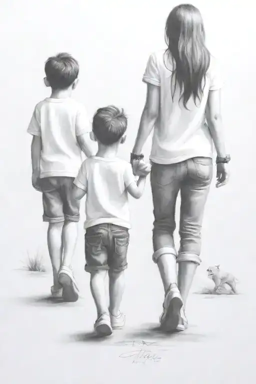 a girl woth black hair and 2 toddler brothers, one with bigger ears, holding hands walking away tattoo design idea