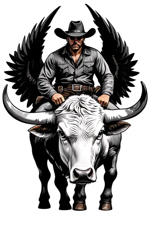 cowboy on bull with black wings tattoo design idea
