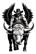 cowboy on bull with black wings tattoo design idea