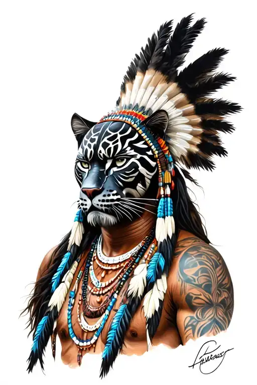 native american wearing skin of black panther tattoo design idea