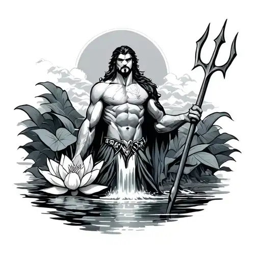  Aquaman holding a trident and there’s a waterfall with hills of lotus flowers  tattoo design idea