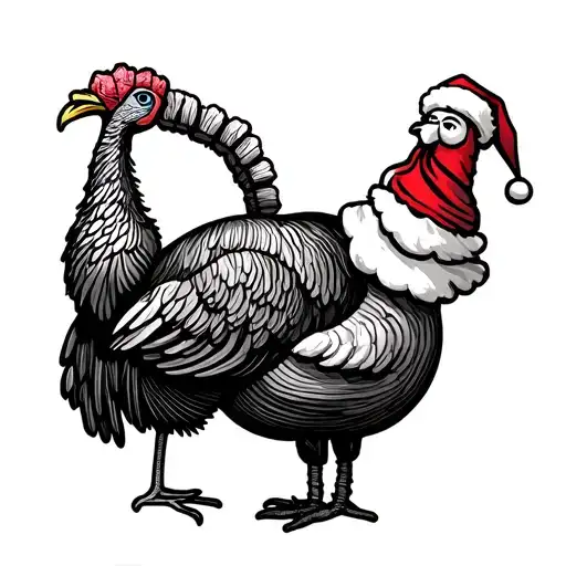 stick figure dressed as a turkey and a Santa (seperate entities) one arm hug each other tattoo design idea