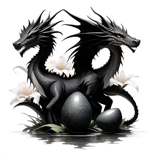 peace lily background with three dragon eggs, a girl dragon, and a boy dragon tattoo design idea