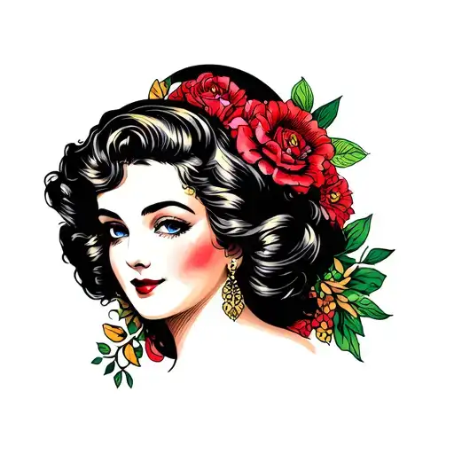 Beautiful women's face in American traditional style, like a flashset from the 1950s. little details tattoo design idea