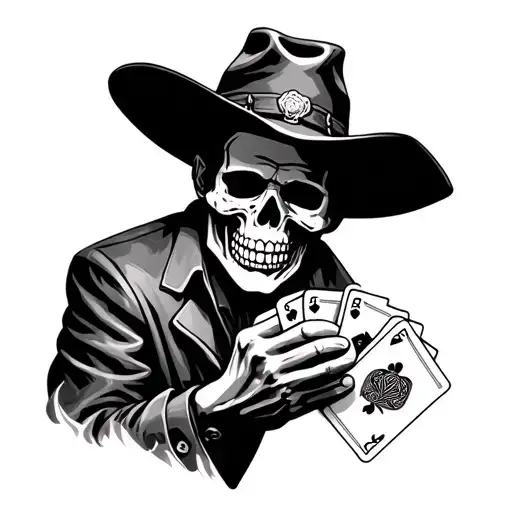 Make a realism or surrealism tattoo design of a skull faced bandit wearing a cowboy hat holding 3 cards  tattoo design idea