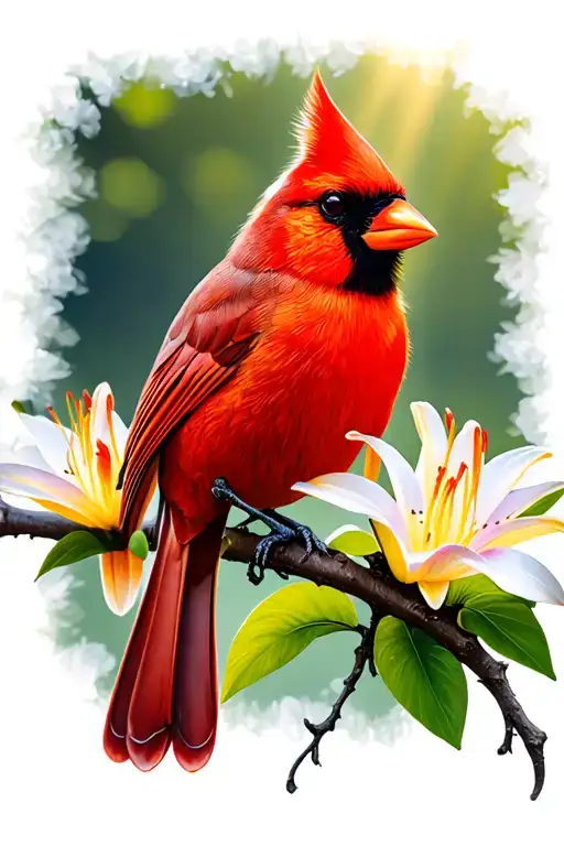 cardinal bird on lily branch, illuminated by sun rays tattoo design idea